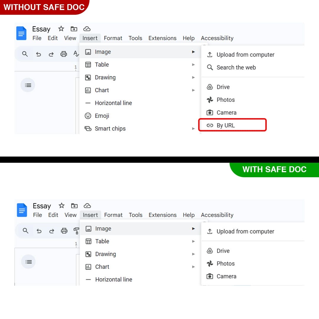 xFanatical Safe Doc removes the Insert > Image > By URL  menu in Google Docs