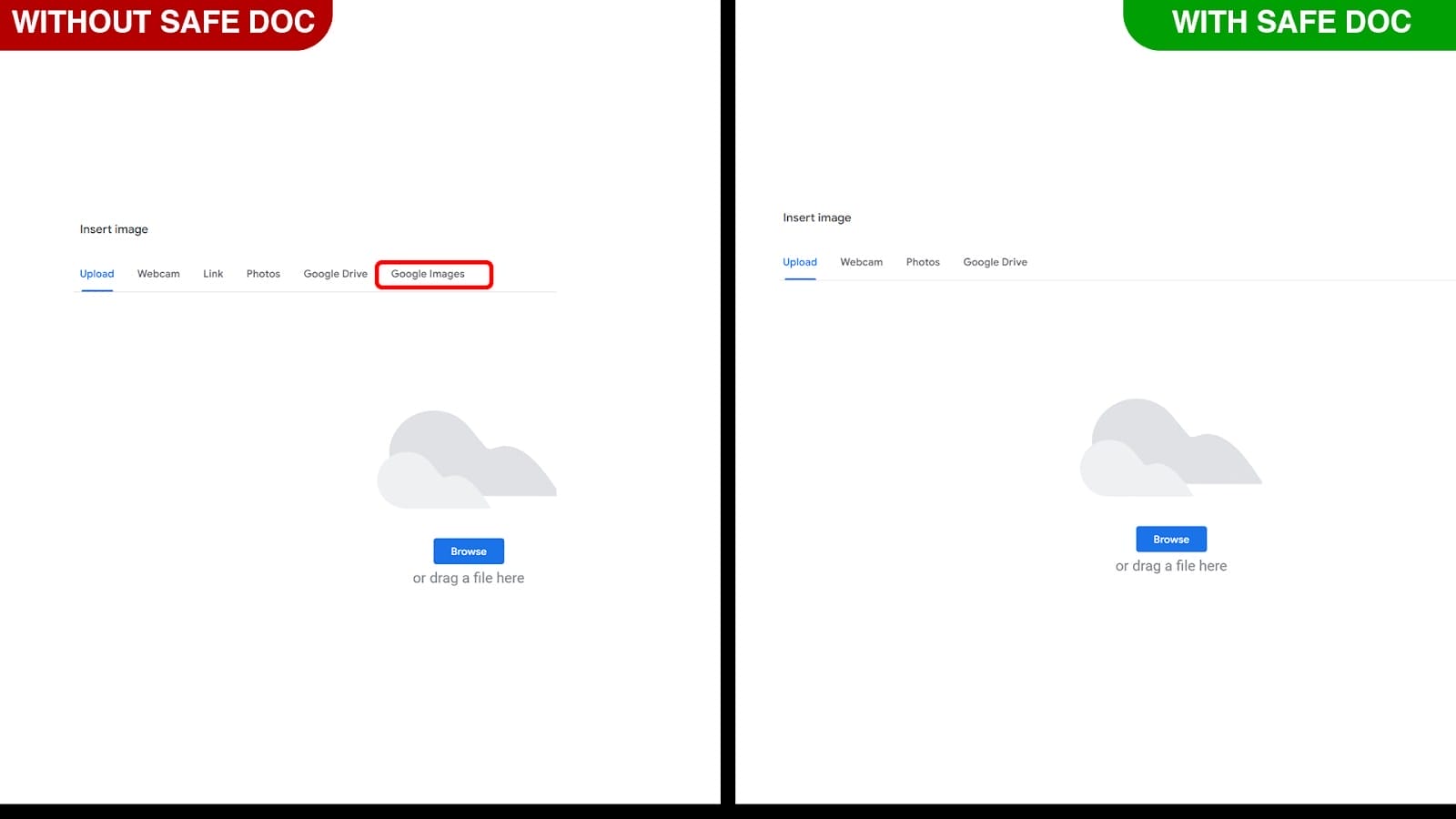 xFanatical Safe Doc removes the  Insert > Insert Image over cell, Google images and link menus in Google Sheets
