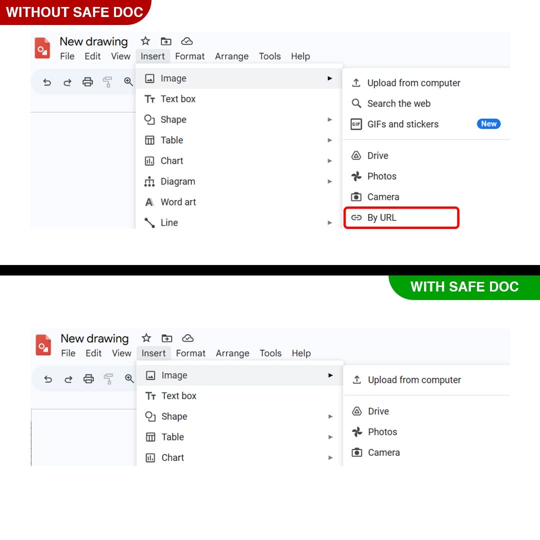 xFanatical Safe Doc removes the Insert > Image > By URL  menu in Google Drawings