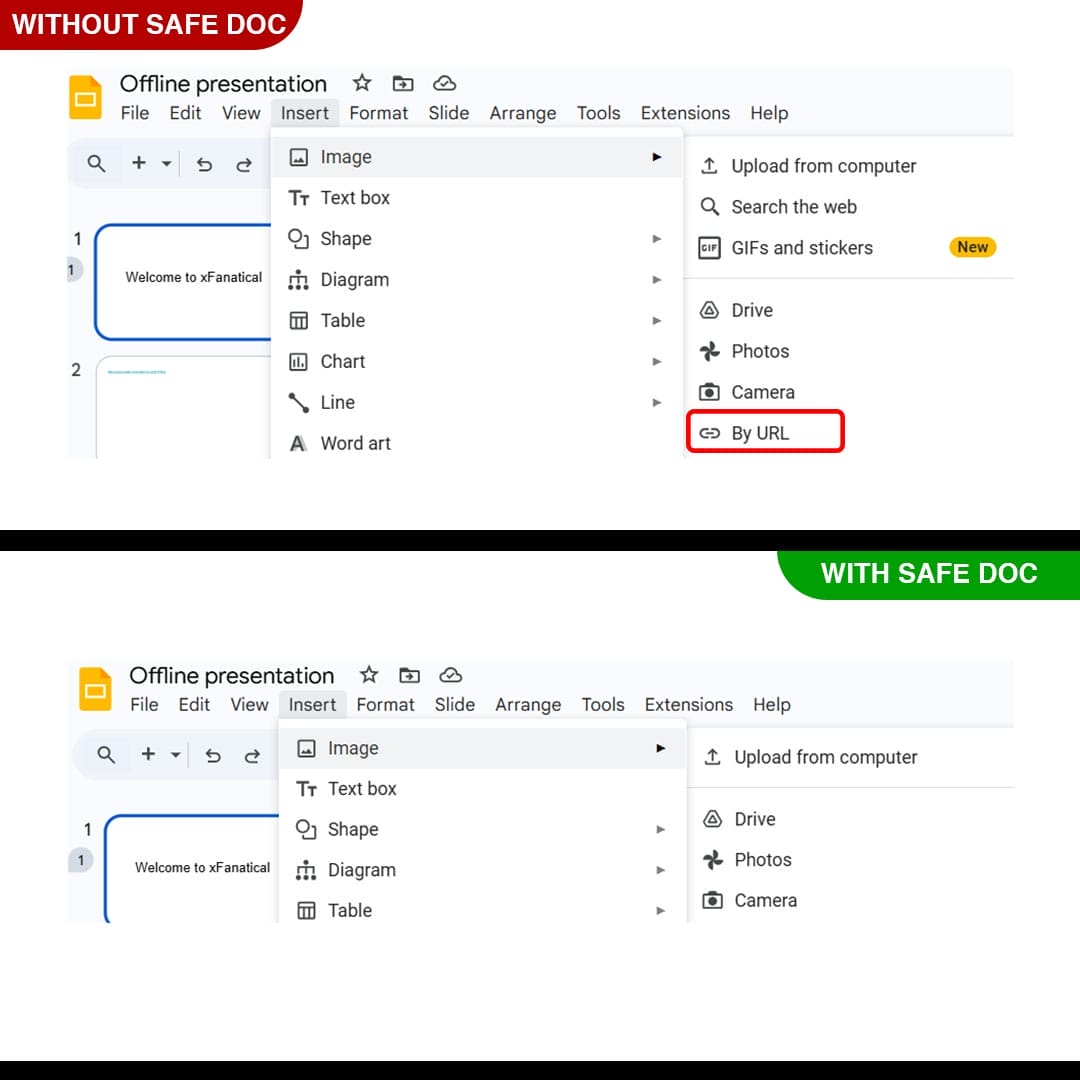 xFanatical Safe Doc removes the Insert > Image > By URL  menu in Google Slides