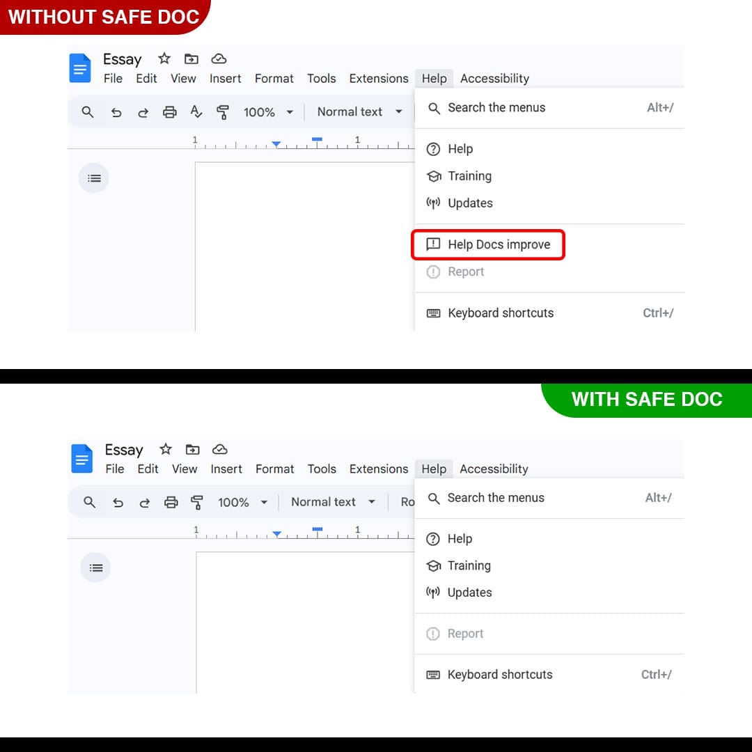 xFanatical Safe Doc removes the Help > Help Docs improve menu in Google Docs