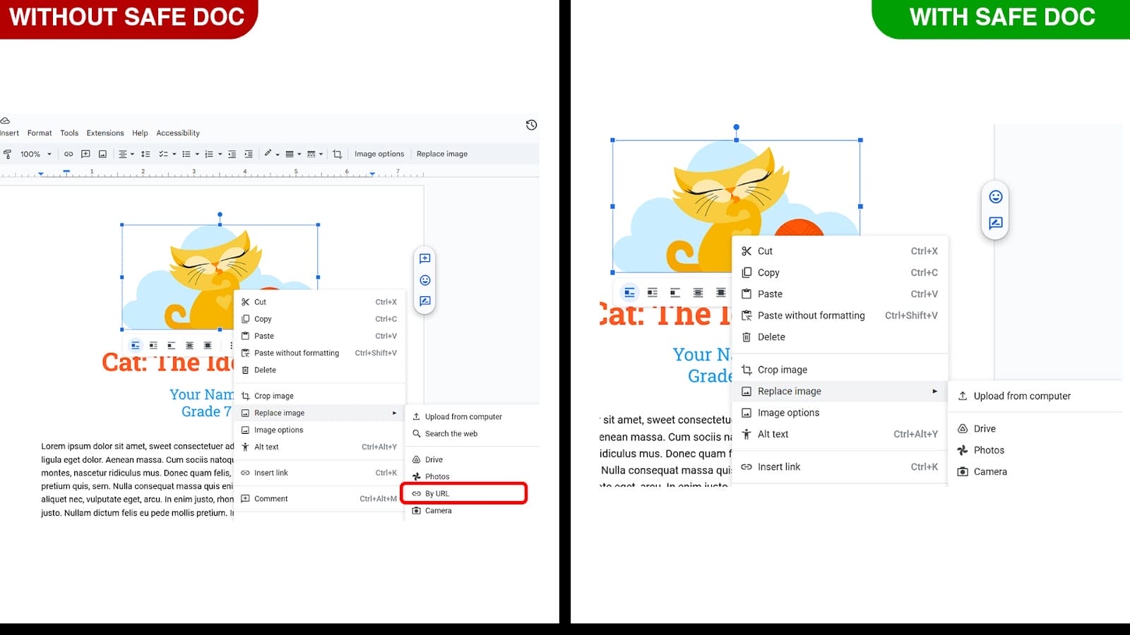 xFanatical Safe Doc removes the Replace image > By URL  menu in Google in Google Docs