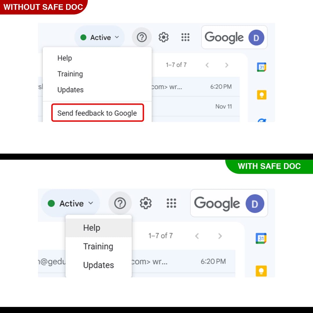 xFanatical Safe Doc removes the Send feedback to Google option in Gmail