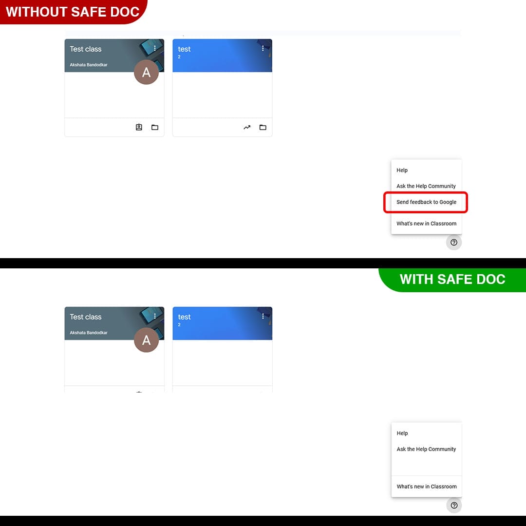 xFanatical Safe Doc removes the Send feedback to Google option in Google Classroom