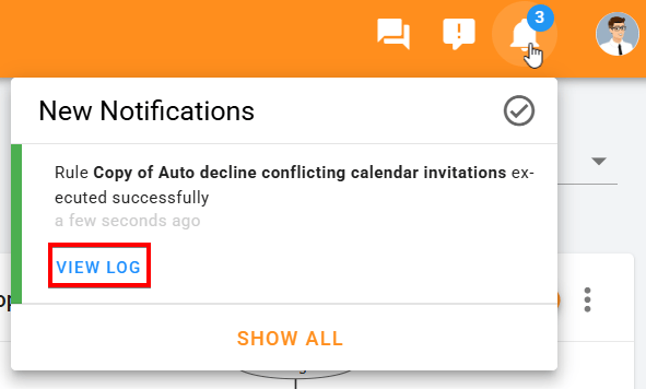 Receiving an in-app notification for copy of auto decline conflicting calendar invitations rule in xFanatical Foresight