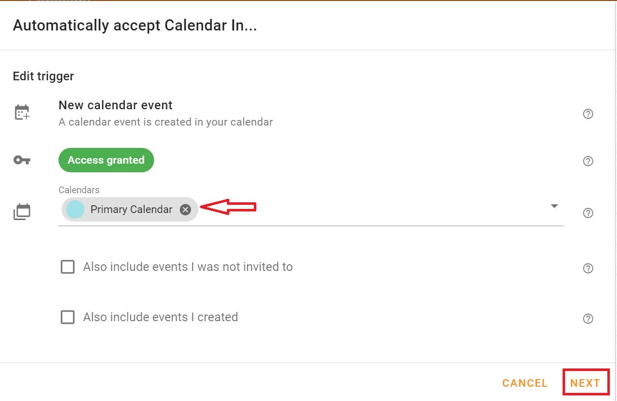 In the Calendars field, select Primary Calendar