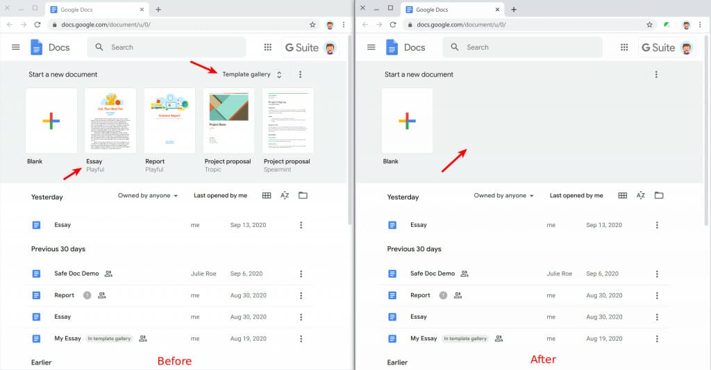 Remove templates in the Google Docs home page
