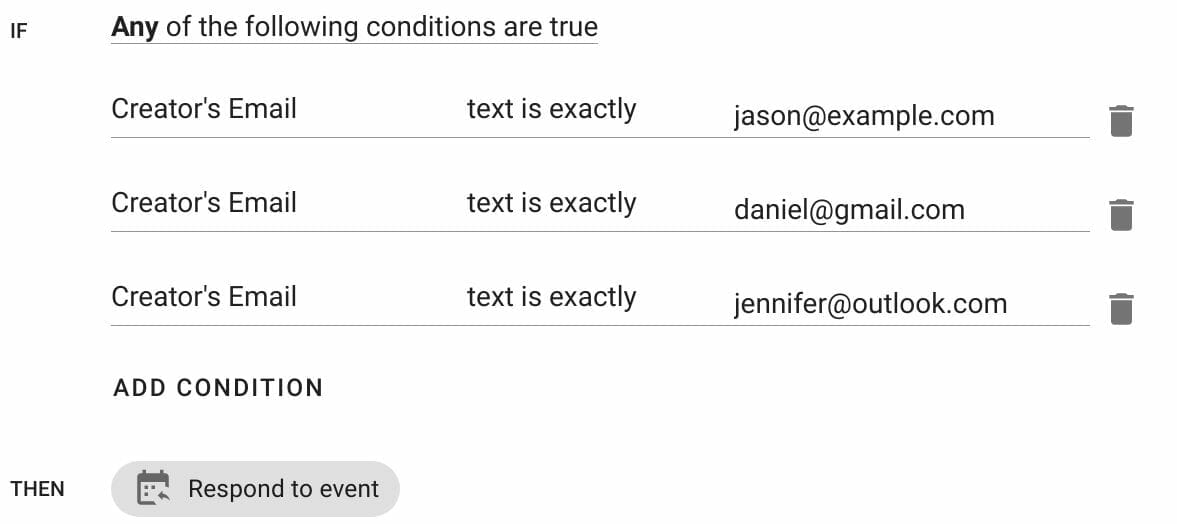 match multiple event creator emails in If action