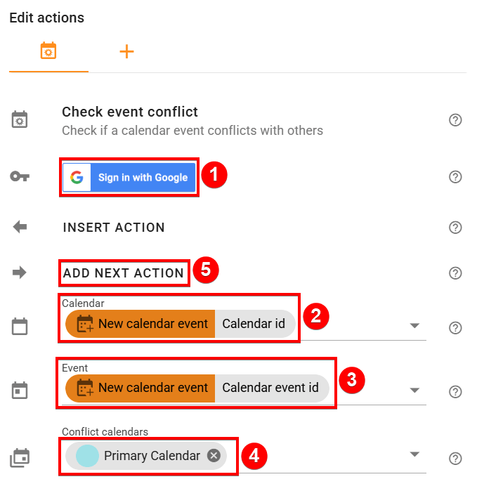 The check event conflict edit actions screen to select calendar, event and conflict calendars in xFanatical Foresight