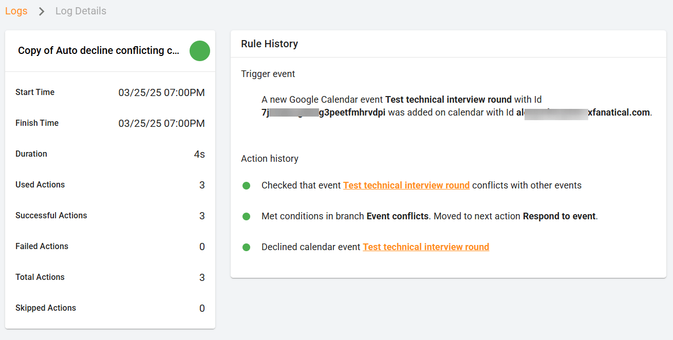 The rule copy of auto decline conflicting calendar invitations rule automation history in xFanatical Foresight, including the automation data, trigger event and action history