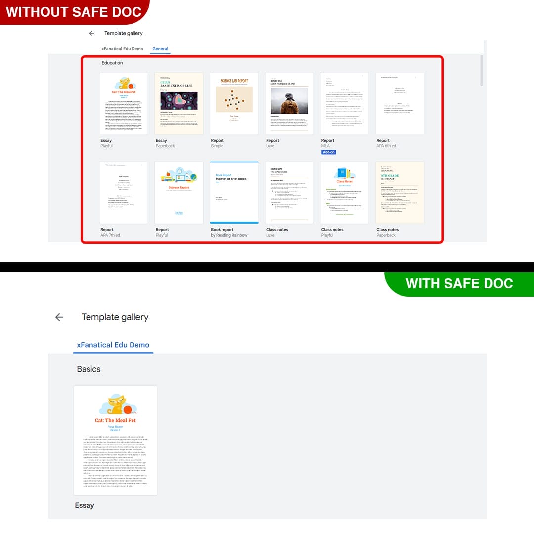 xFanatical Safe Doc removes the General Templates option in Google Docs