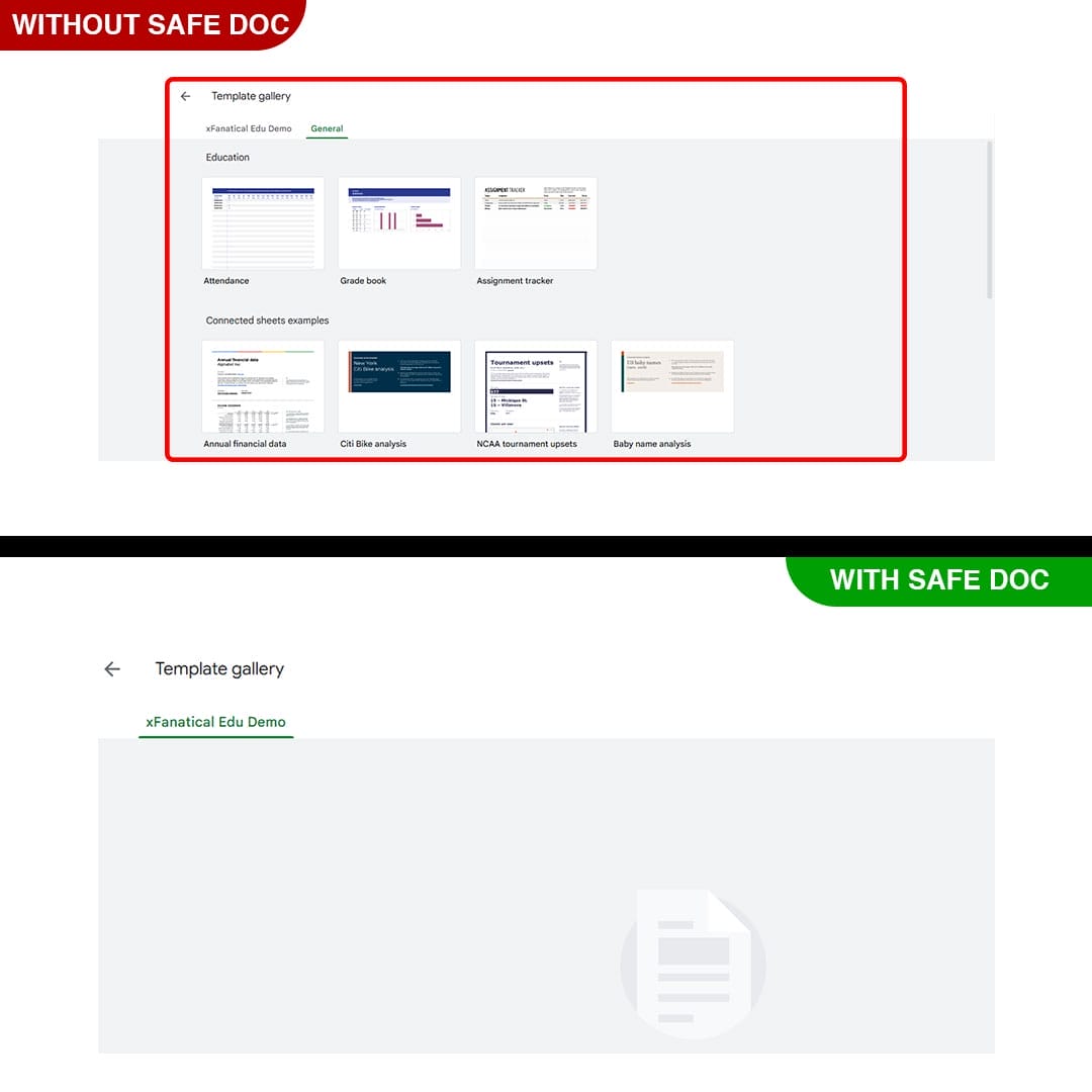 xFanatical Safe Doc removes the General Templates option in Google Sheets