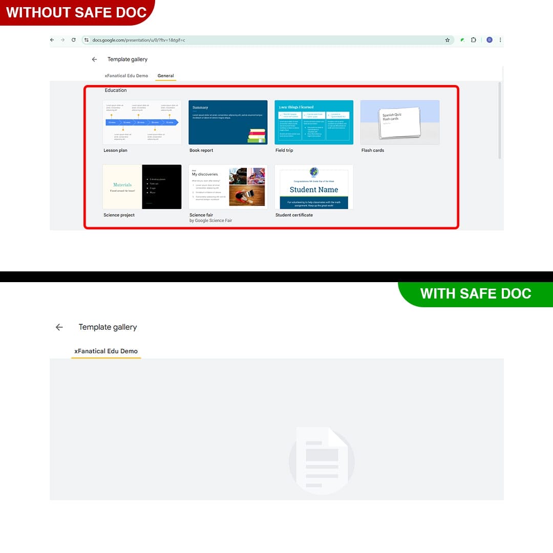 xFanatical Safe Doc removes the General Templates option in Google Slides