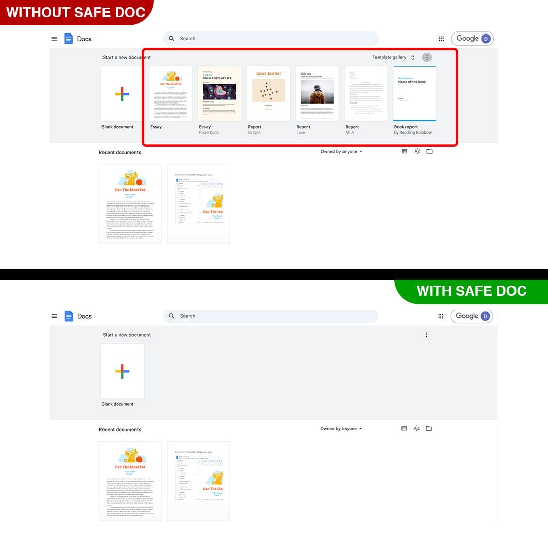 xFanatical Safe Doc removes the Templates layout in Google Docs