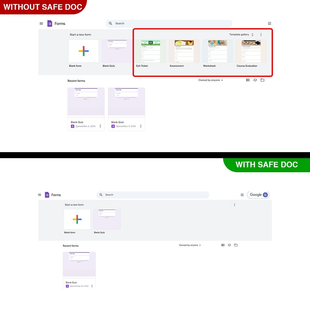 xFanatical Safe Doc removes the Templates layout in Google Forms