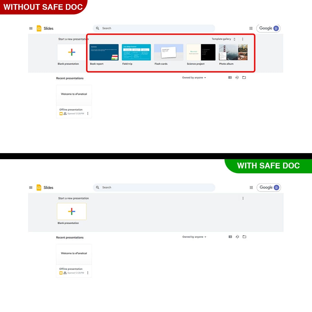 xFanatical Safe Doc removes the Templates layout in Google Slides