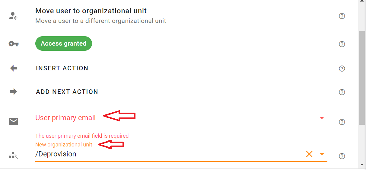 Edit the screen for Move user to organizational unit action