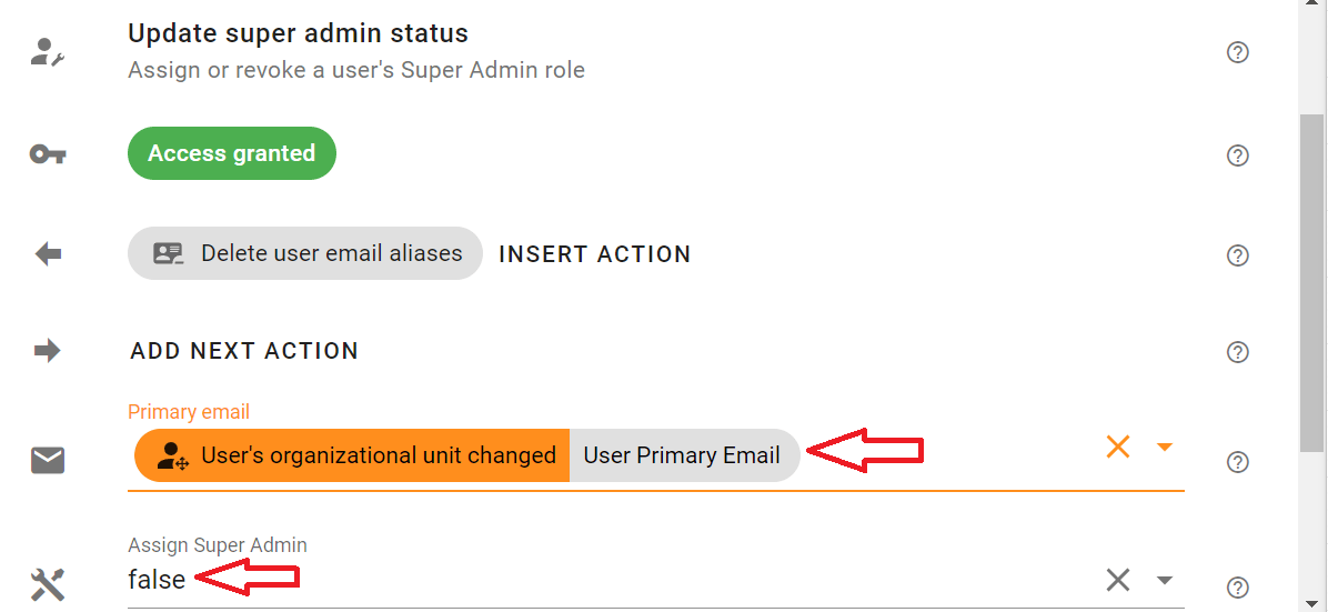 Fill the required details in the edit action screen of Update super admin status action with Foresight