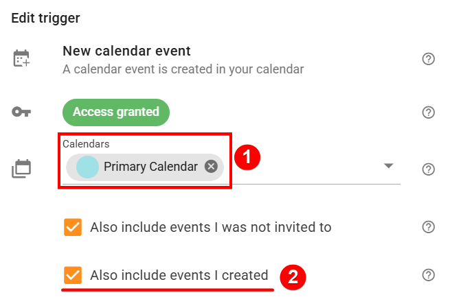 The new calendar event edit trigger screen to select source calendars to copy event, in xFanatical Foresight