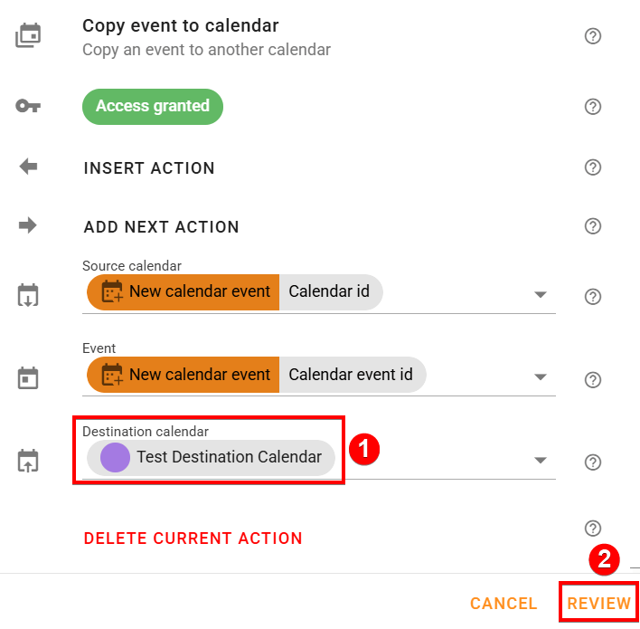The copy event to calendar edit actions screen to select destination calendar where events will be copied in xFanatical Foresight