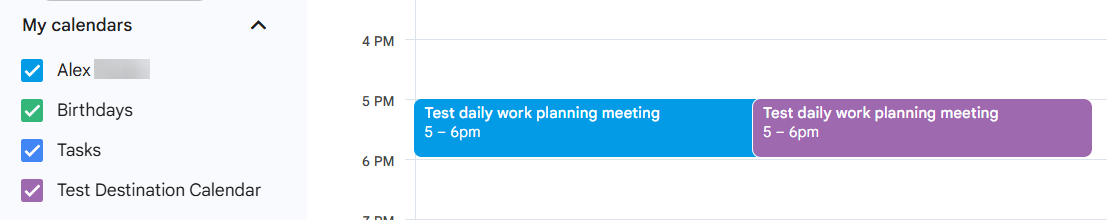 The google calendar screen where new event auto copied to destination calendar from source calendar by xFanatical Foresight