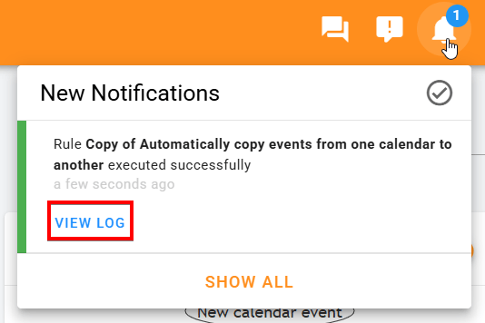 Receiving an in-app notification for copy of automatically copy events from one calendar to another rule successful execution in xFanatical Foresight