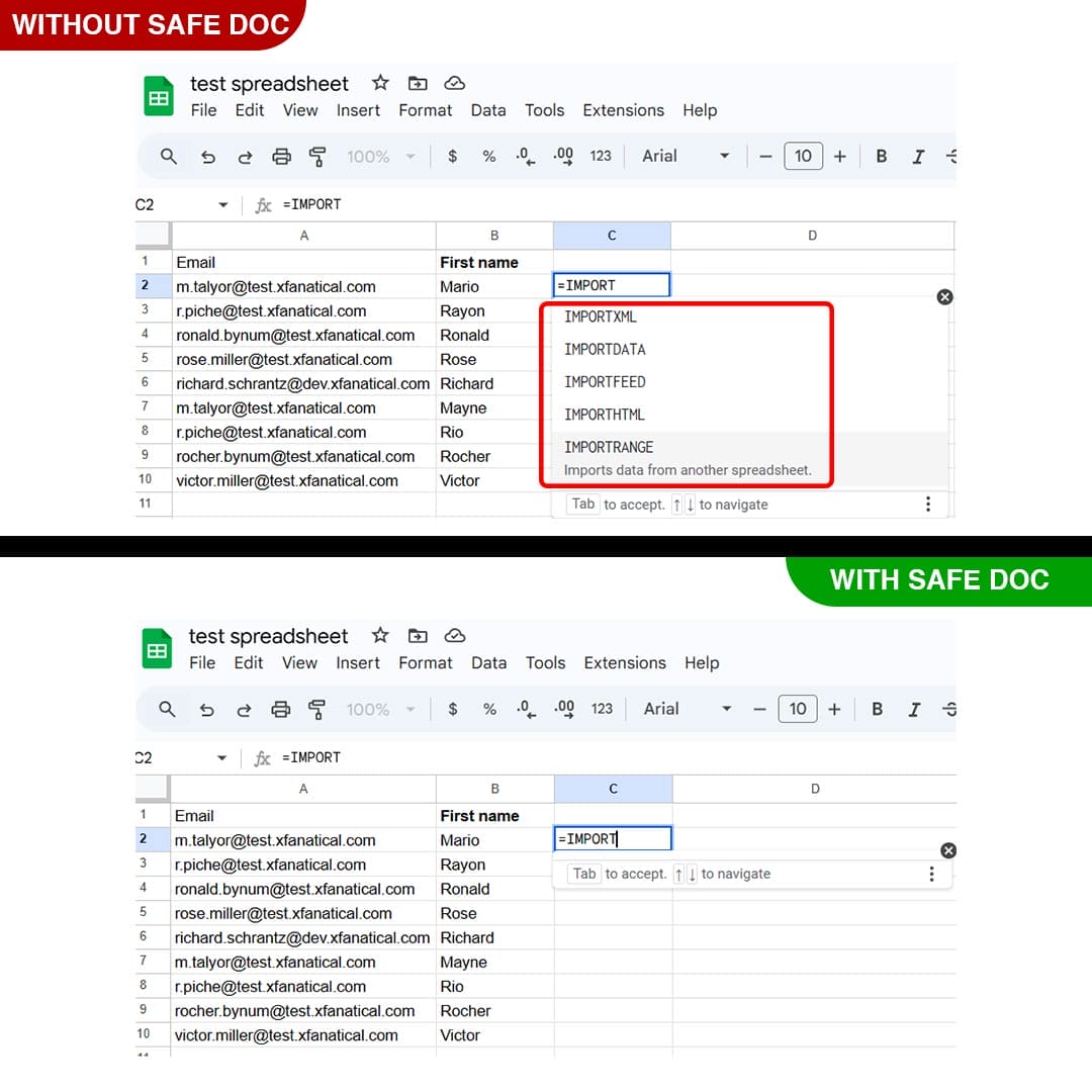 xFanatical Safe Doc removes inappropriate functions from cells in Google Sheets