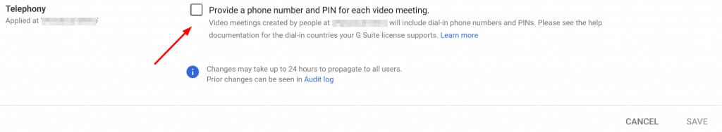 Enable or disable Google Meet phone dial-in info in Admin Console