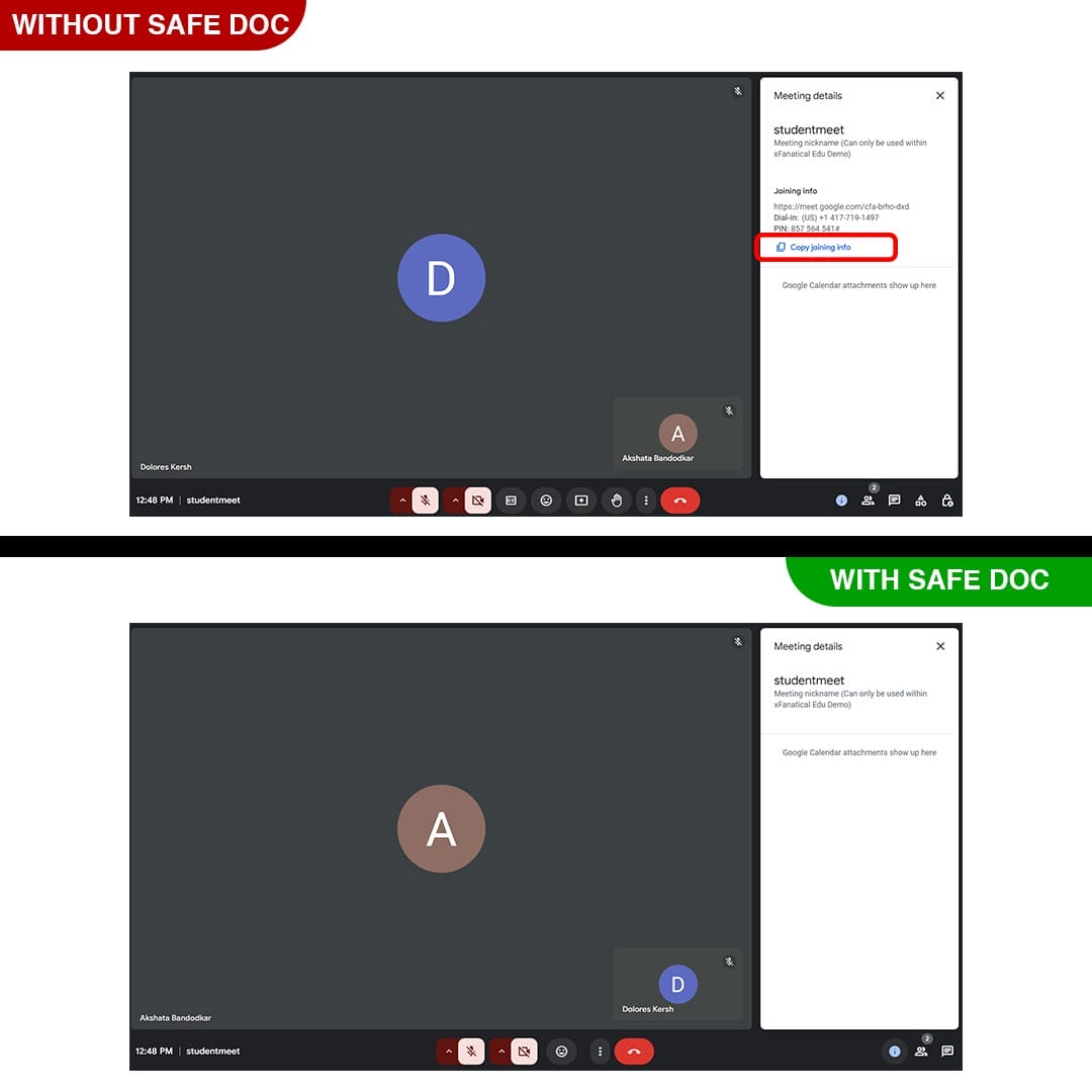 xFanatical Safe Doc removes the Joining info in Google Meet