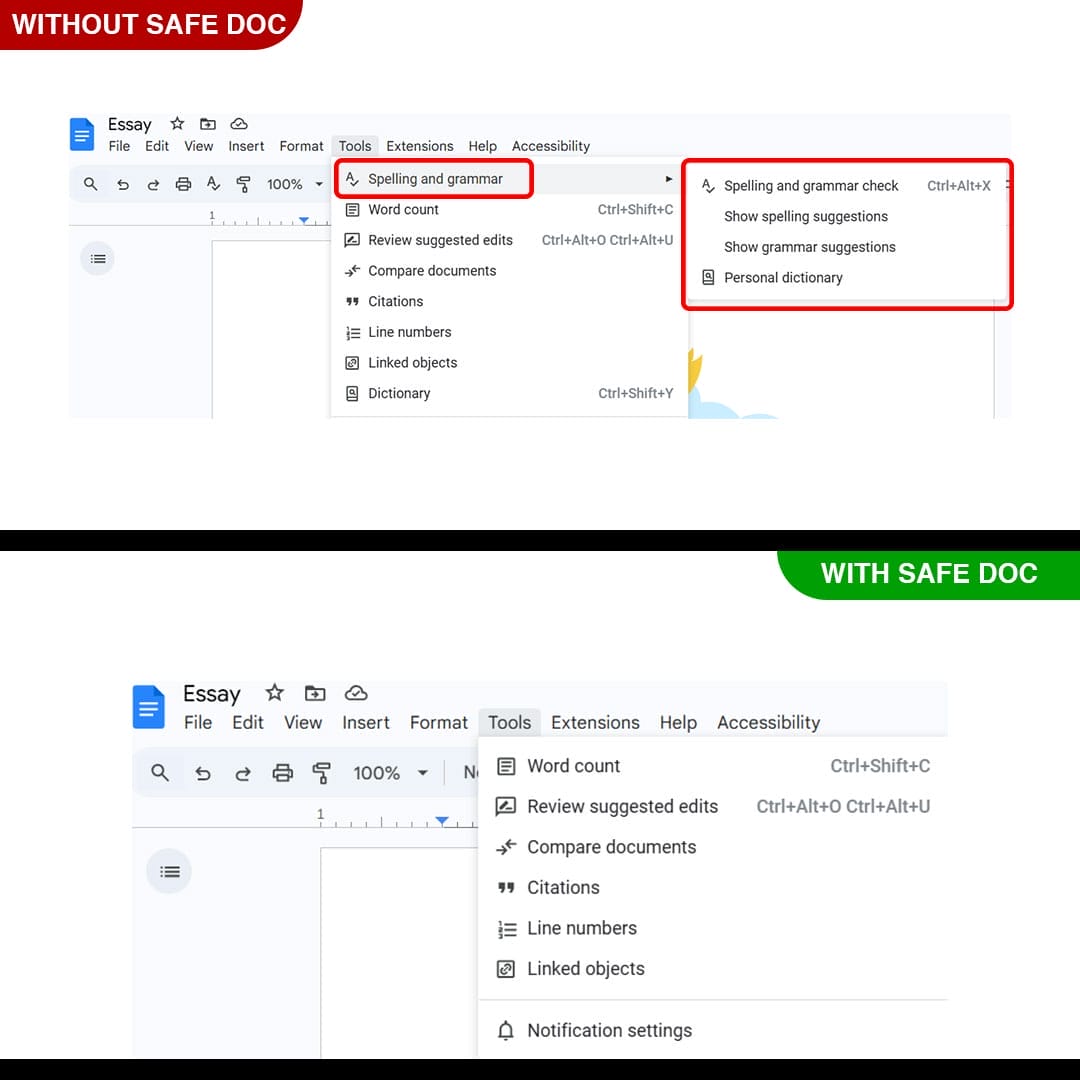 xFanatical Safe Doc removes the Spelling and grammar menu in Google Docs