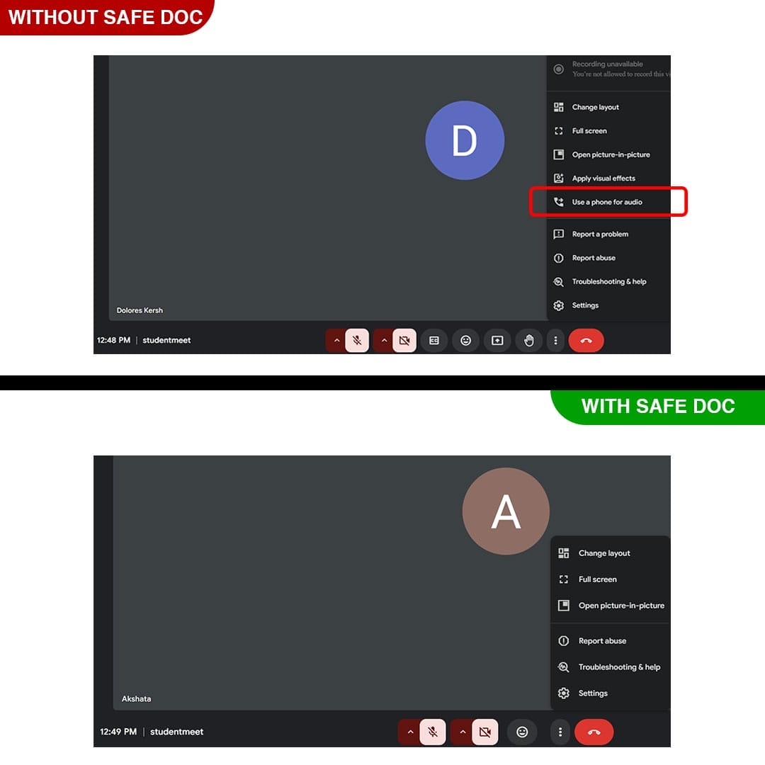 xFanatical Safe Doc removes the Use a phone for audio menu in Google Meet