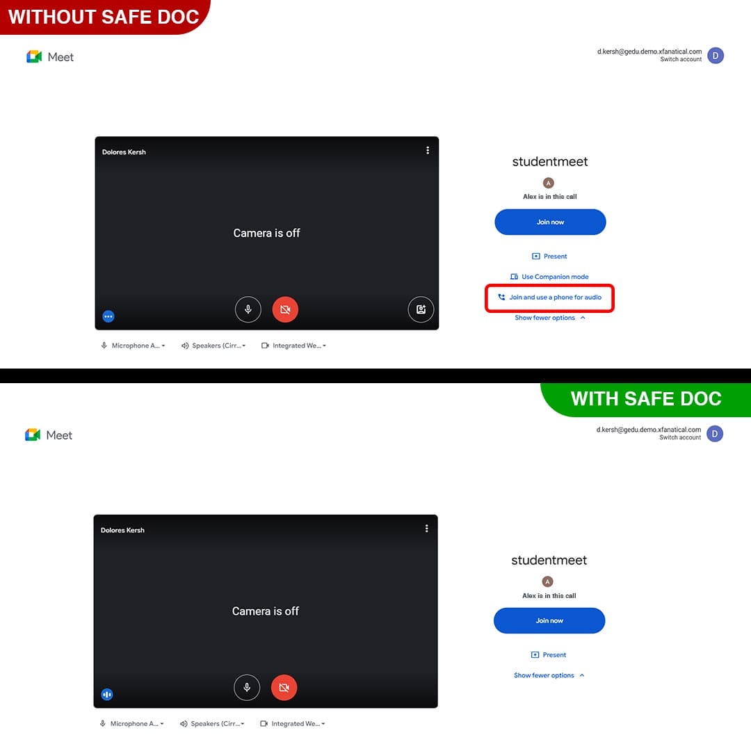 xFanatical Safe Doc removes the join and Use a phone for audio menu in Google Meet1