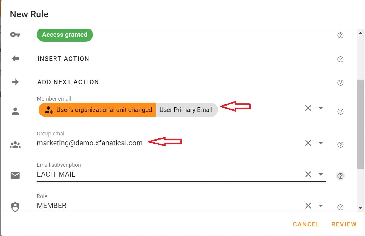 In the Member email field, select the User Primary Email variable from the dropdown menu. This variable will be used as the user's primary email address in the new