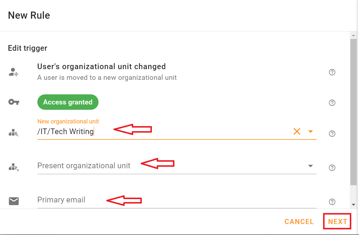 Select the New organizational unit in the New organizational unit field where you want to move the users.