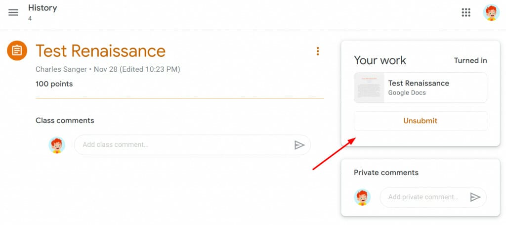 Unsubmit button in Google Classroom