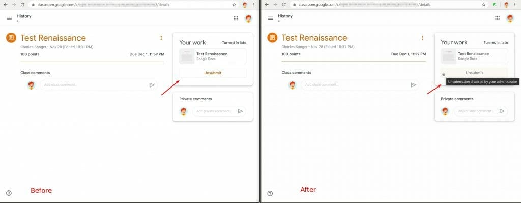 Safe Doc disables the Unsubmit feature in Google Classroom