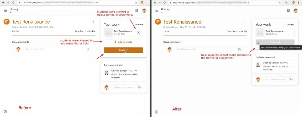 Safe Doc disables the Resubmit feature in Google Classroom