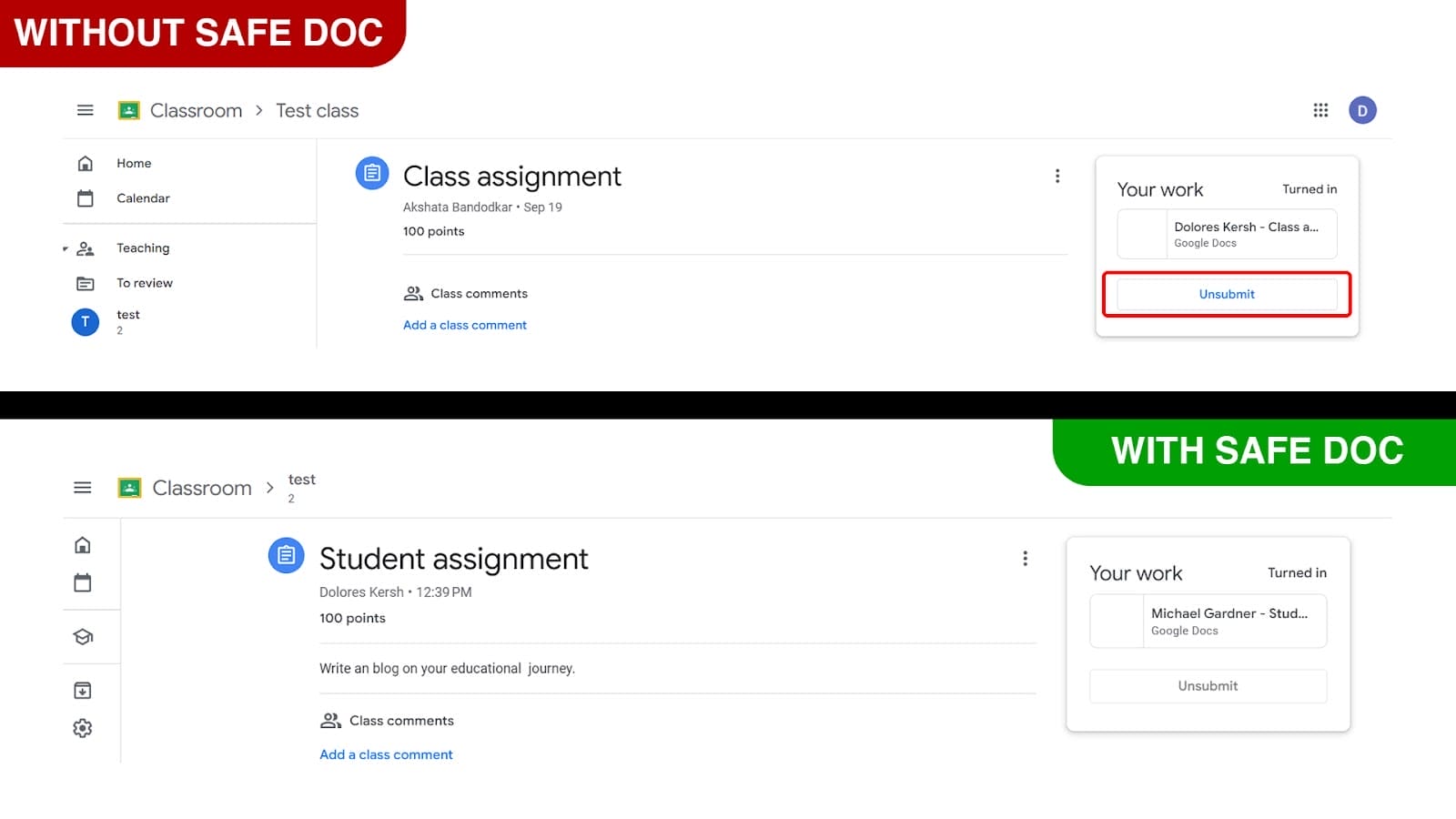 xFanatical Safe Doc removes the Unsubmit option in Google Classroom