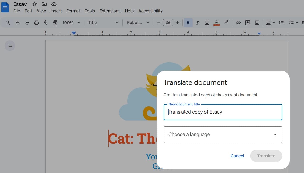 Translating document in Google Docs is disabled by Safe Doc