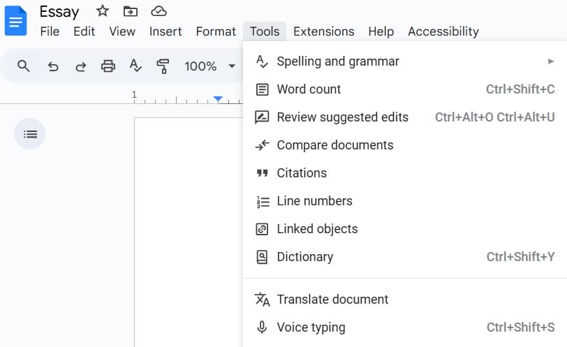 Voice typing menu in Google Docs