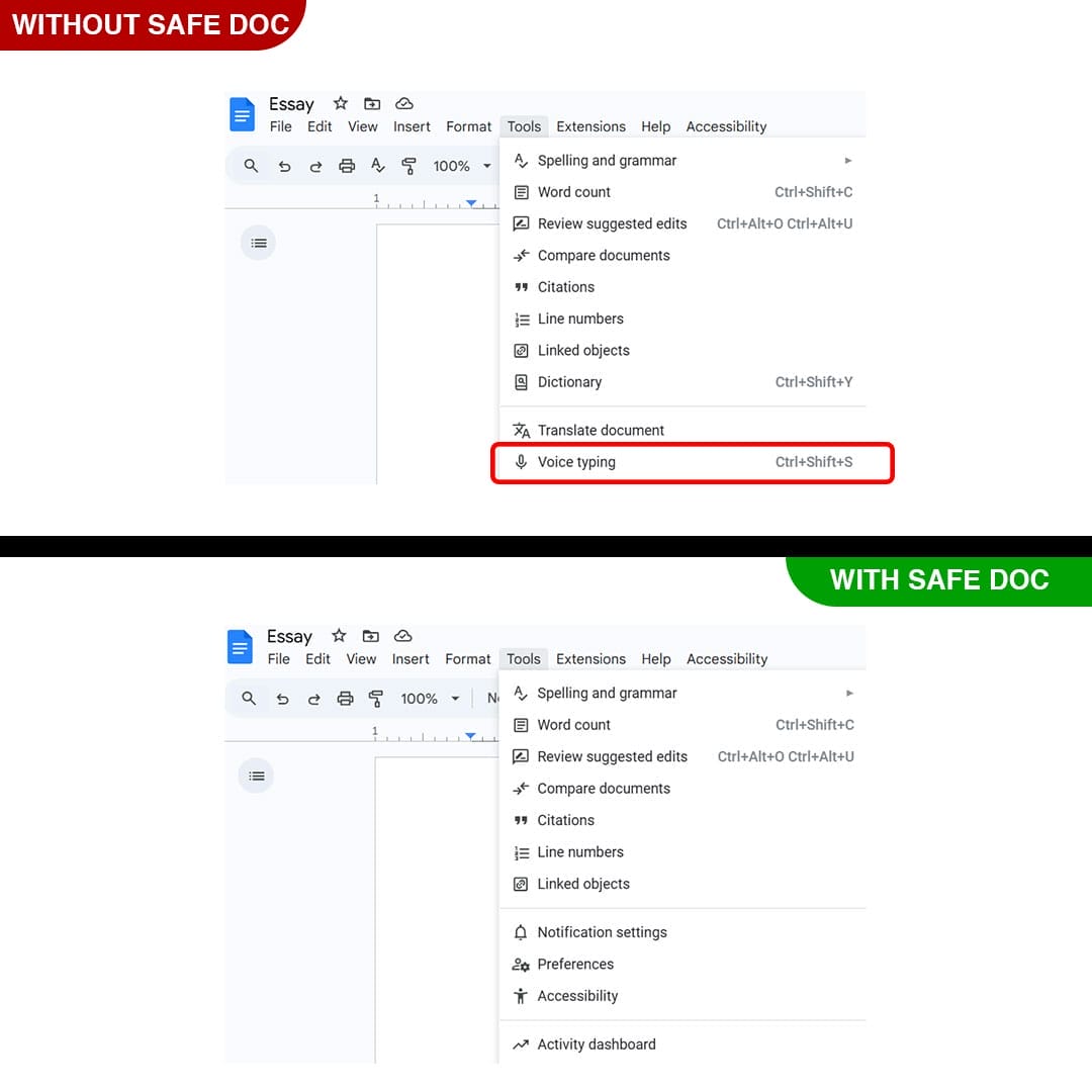 Voice typing menu in Google Docs