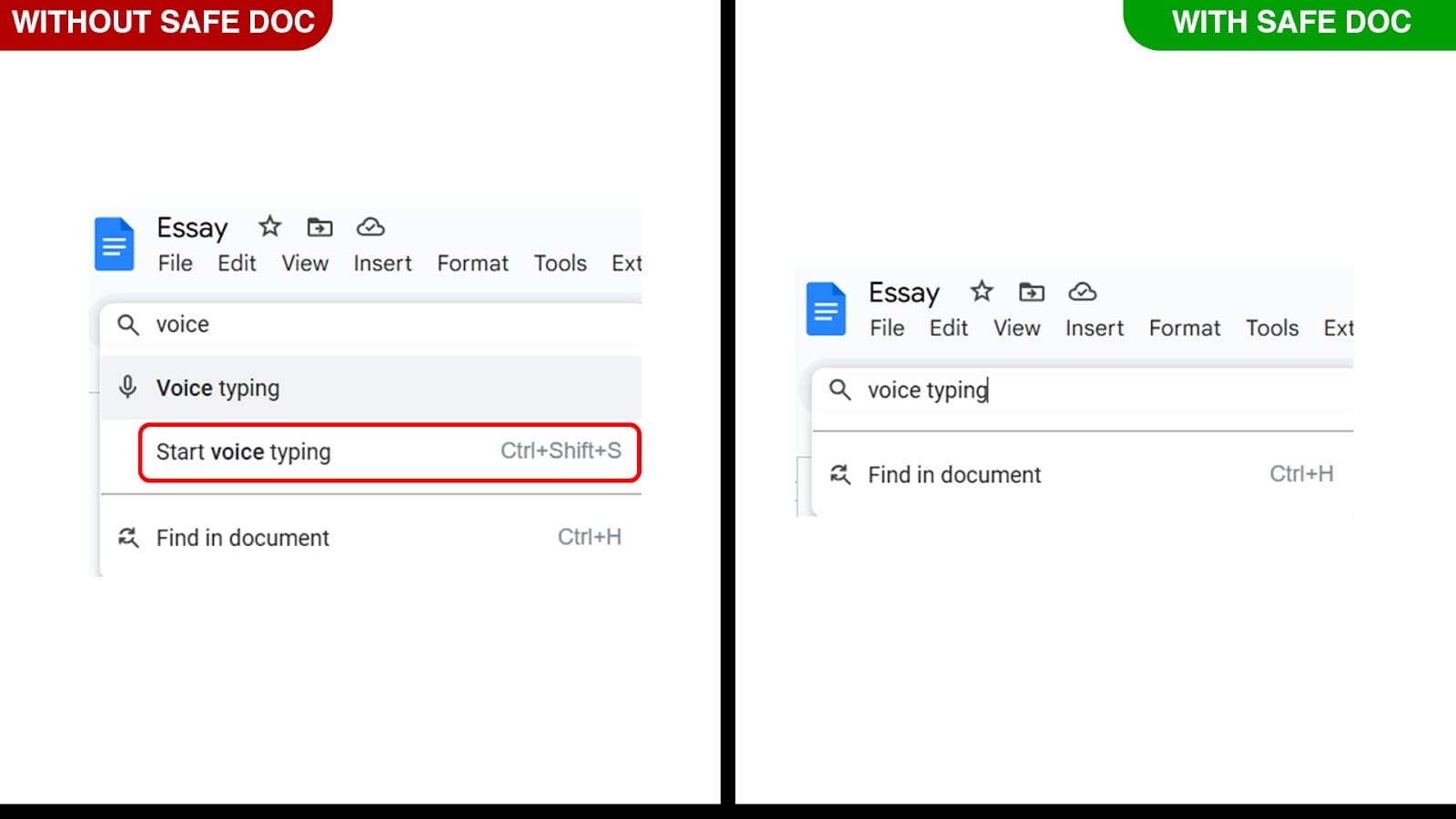 Voice typing menu in Google Docs