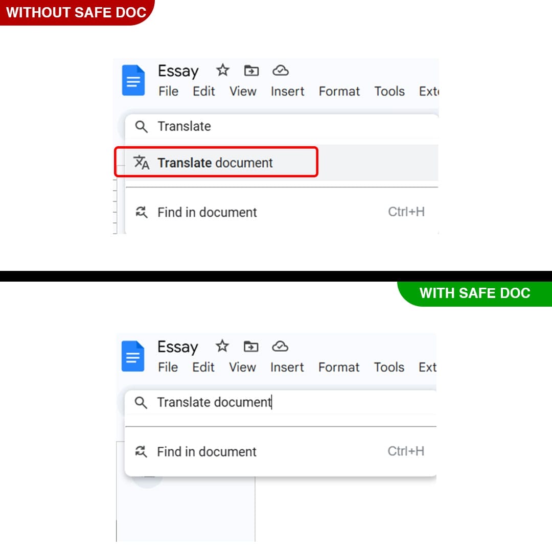 xFanatical Safe Doc removes Help > Search the menus > Translate document in Google Docs