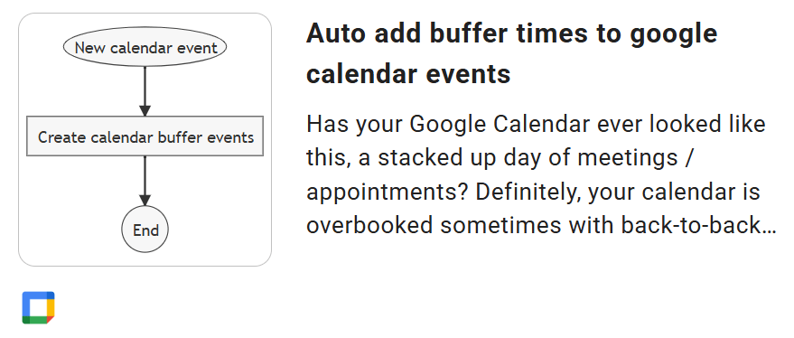 The auto add buffer times to google calendar events template card in xFanatical Foresight