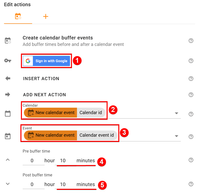 The create calendar buffer events edit actions screen to select calendar, event and add buffer times to the event in xFanatcal Foresight