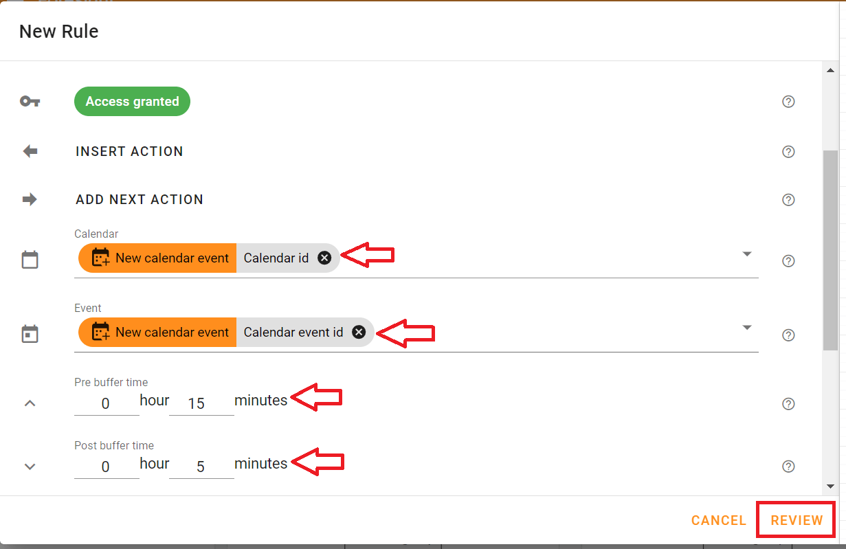 Edit Create calendar buffer events action screen