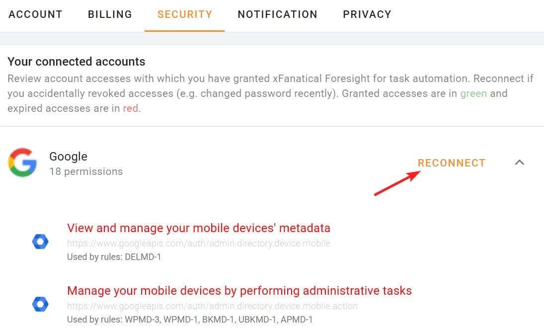 Reconnect xFanatical Foresight with Google Account to grant permissions needed for automation