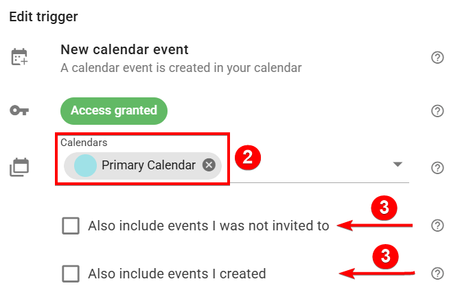 The new calendar event edit trigger screen to select calendars for monitoring new events in xFanatical Foresight