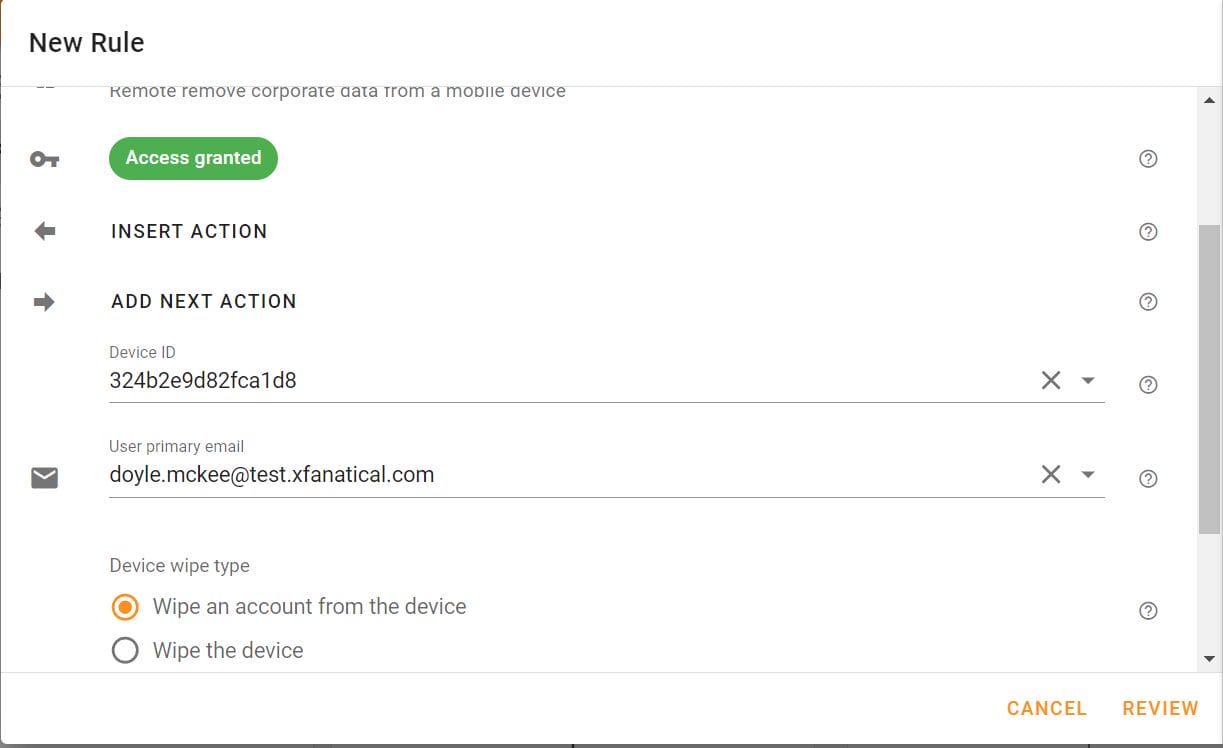 Select the Device wipe type option either Wipe an account from the device or Wipe the device