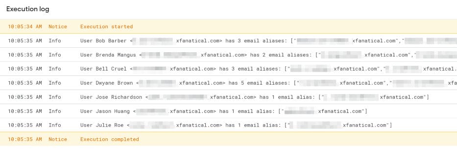 Execution log of printing users with email aliases